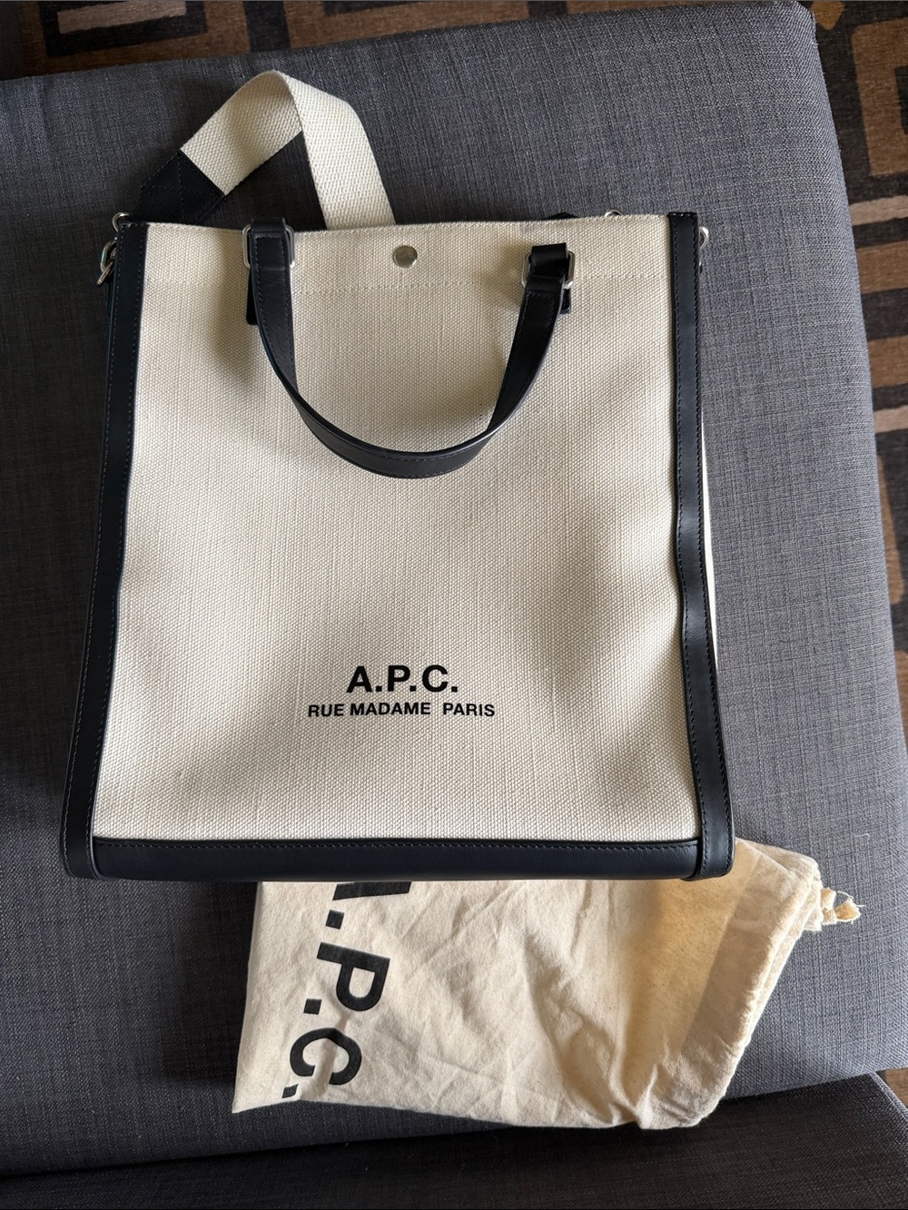 A.P.C. Cream Canvas Tote with Black Leather Trim and Handles, dust bag included